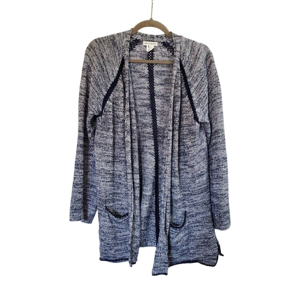 Artisan NY Linen Blend Blue Open Front Draped Cardigan Sweater, Size Large